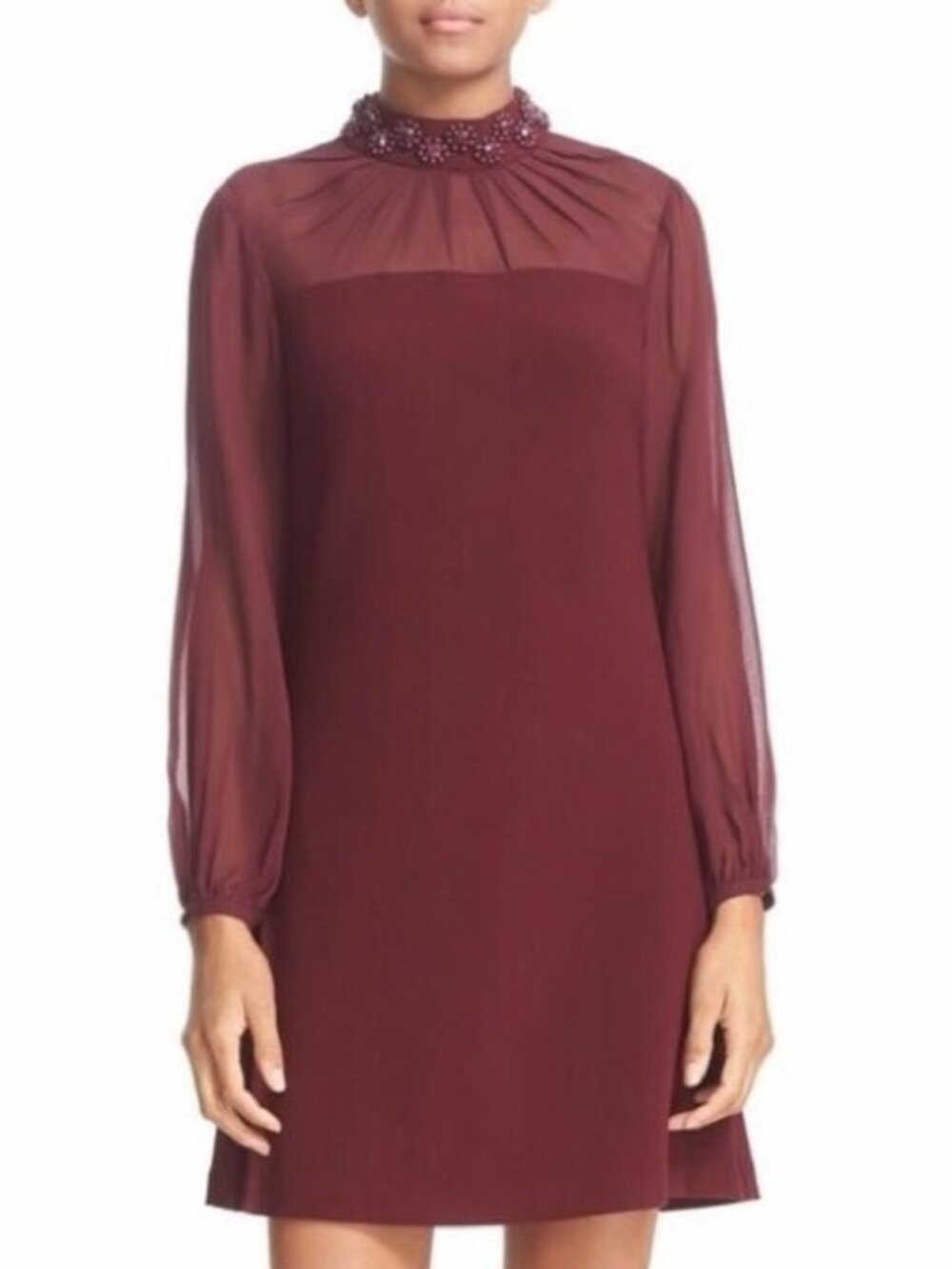Ted Baker Cacey Dress Mini Maroon High Neck Sheer Long Sleeve Size 4 XL